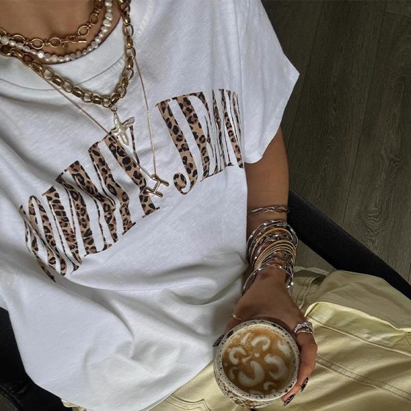 Retro Leopard Print Letter Oversized Short Sleeve T-Shirt for Women - Summer Casual Hot Girl Style