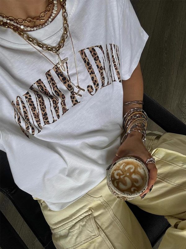 Retro Leopard Print Letter Oversized Short Sleeve T-Shirt for Women - Summer Casual Hot Girl Style