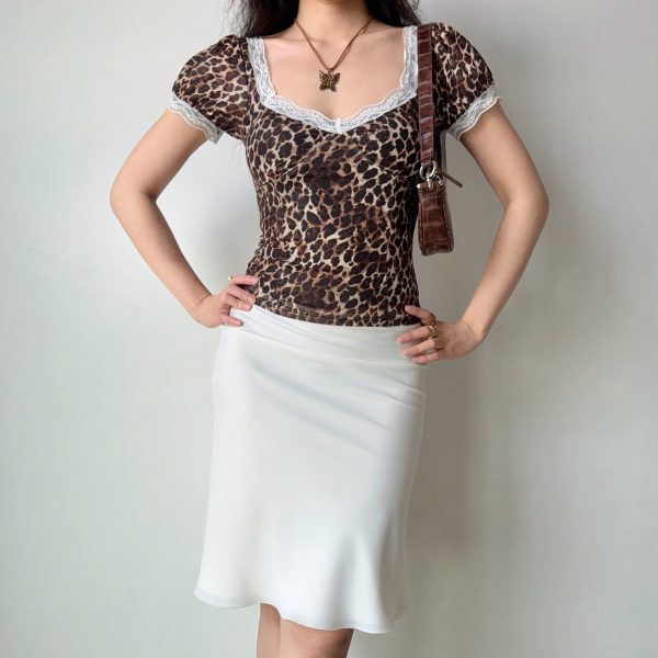 Retro Leopard Print Short Sleeve T-Shirt with Lace Splicing and Puff Sleeves - Women's Slim Fit European American Style Top