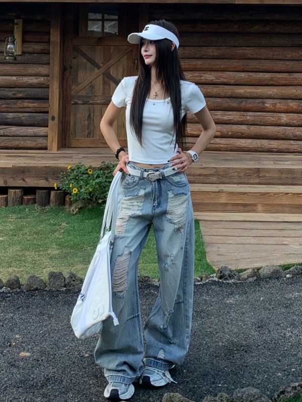 Retro Loose Wide-Leg Ripped Jeans for Women - Summer High Street Style, 90s Inspired, Casual Fashion Pants