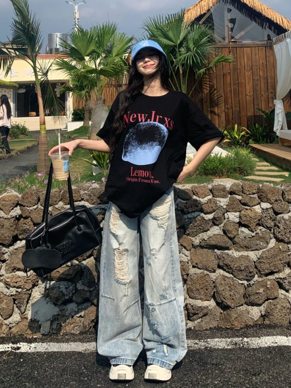 Retro Loose Wide-Leg Ripped Jeans for Women - Summer High Street Style, 90s Inspired, Casual Fashion Pants