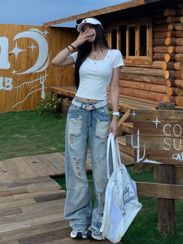 Retro Loose Wide-Leg Ripped Jeans for Women - Summer High Street Style, 90s Inspired, Casual Fashion Pants