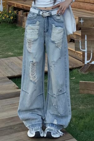 Retro Loose Wide-Leg Ripped Jeans for Women - Summer High Street Style, 90s Inspired, Casual Fashion Pants