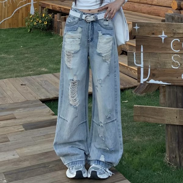 Retro Loose Wide-Leg Ripped Jeans for Women - Summer High Street Style, 90s Inspired, Casual Fashion Pants