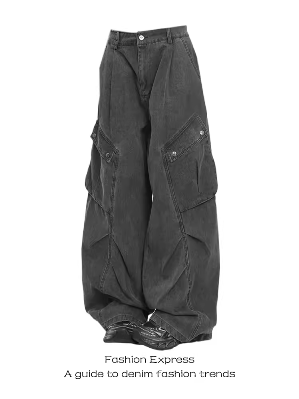 Retro Melard Brown Pleated Wide-Leg Denim Pants for Women - Loose Straight Fit Workwear Trousers - Autumn Fashion Essential