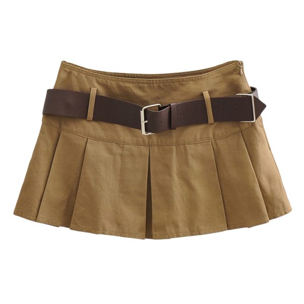 Retro Mid-Waist Pleated A-Line Skirt with Belt - Sexy Cropped Design, Anti-Exposure, European and American Style