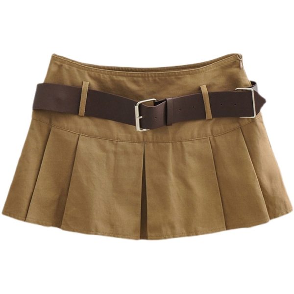 Retro Mid-Waist Pleated A-Line Skirt with Belt - Sexy Cropped Design, Anti-Exposure, European and American Style