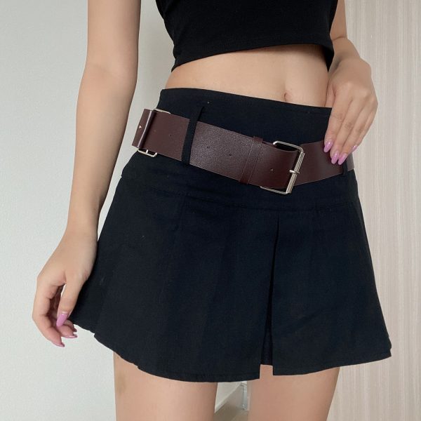 Retro Mid-Waist Pleated A-Line Skirt with Belt - Sexy Cropped Design, Anti-Exposure, European and American Style
