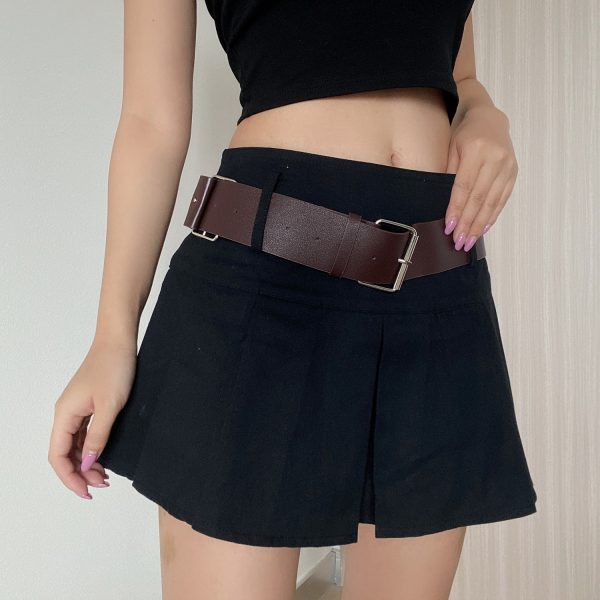 Retro Mid-Waist Pleated A-Line Skirt with Belt - Sexy Cropped Design, Anti-Exposure, European and American Style