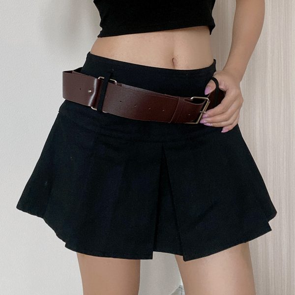 Retro Mid-Waist Pleated A-Line Skirt with Belt - Sexy Cropped Design, Anti-Exposure, European and American Style