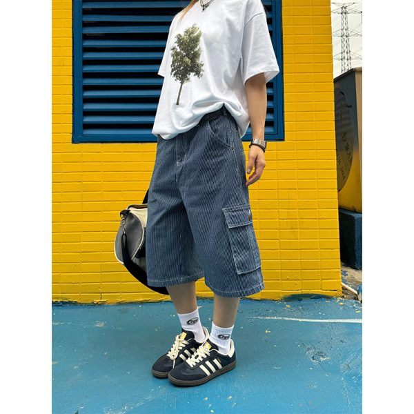 Retro Multi-Pocket Striped Denim Shorts for Men and Women - Loose Fit Street Style Summer Three-Quarter Pants
