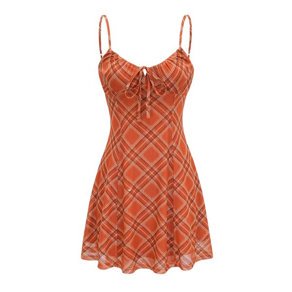Retro Orange Plaid Camisole Dress for Women - Sexy Fitted Summer Dress in European-American Style, Ideal for 90s and Y2K Fashion