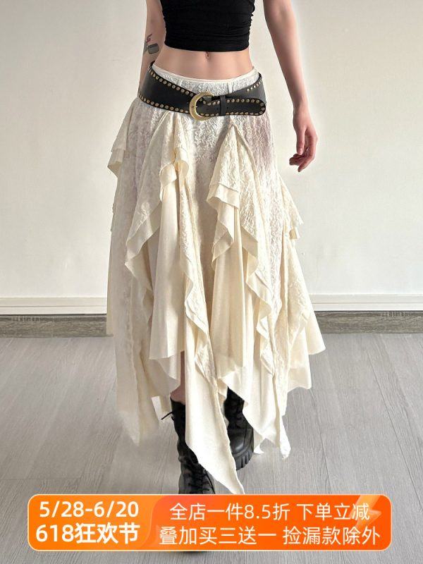 Retro Patchwork Irregular Long Skirt with Ruffles and Jacquard Texture - Women's Draped Half Skirt in Bohemian Style