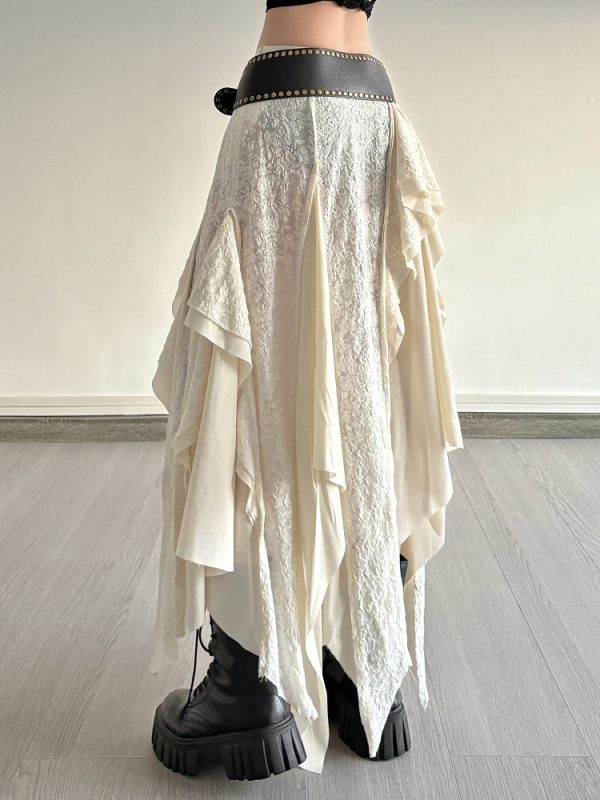 Retro Patchwork Irregular Long Skirt with Ruffles and Jacquard Texture - Women's Draped Half Skirt in Bohemian Style