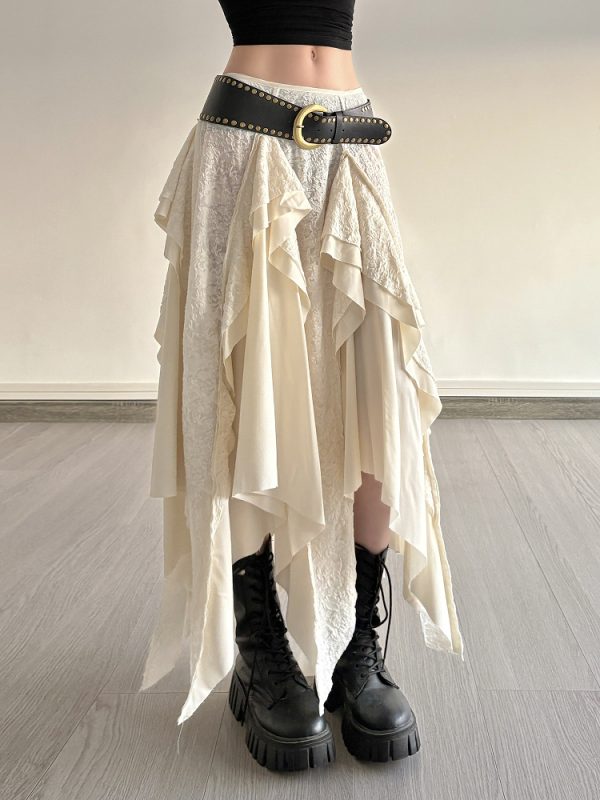 Retro Patchwork Irregular Long Skirt with Ruffles and Jacquard Texture - Women's Draped Half Skirt in Bohemian Style