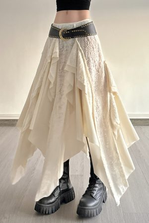 Retro Patchwork Irregular Long Skirt with Ruffles and Jacquard Texture - Women's Draped Half Skirt in Bohemian Style