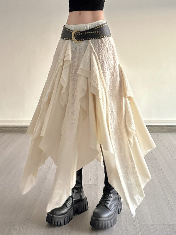 Retro Patchwork Irregular Long Skirt with Ruffles and Jacquard Texture - Women's Draped Half Skirt in Bohemian Style