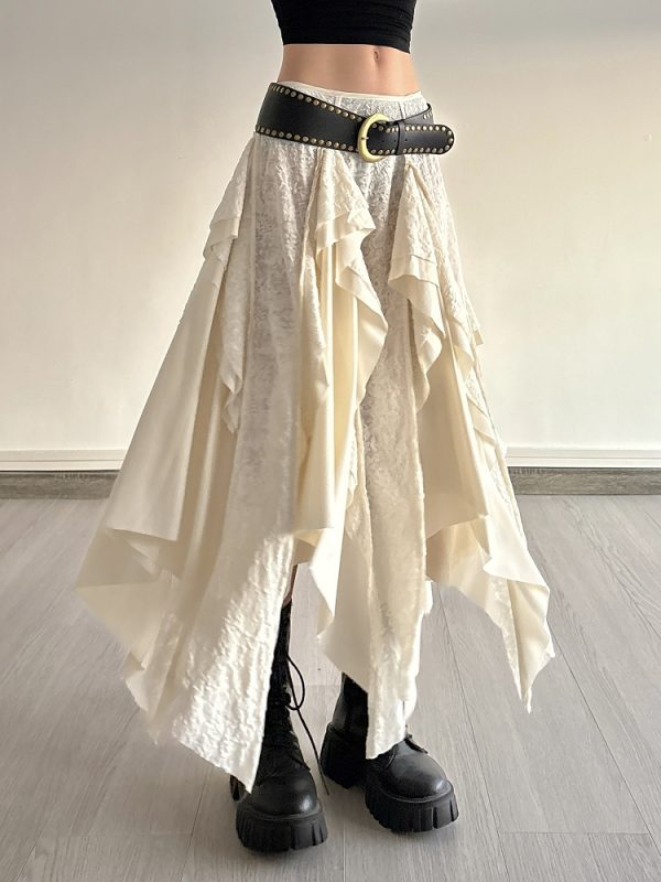 Retro Patchwork Irregular Long Skirt with Ruffles and Jacquard Texture - Women's Draped Half Skirt in Bohemian Style