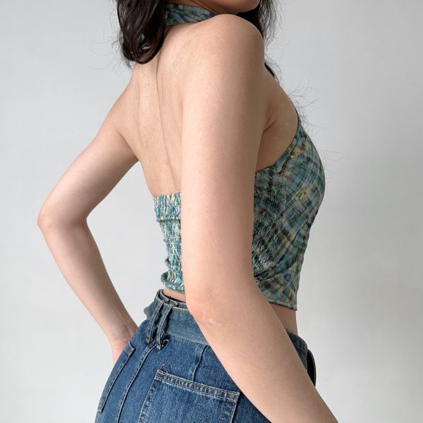 Retro Plaid Halter Neck Vest for Women - Chinese Style Backless Top - Summer Fashion - Chic Stand Collar - Sexy Short Design