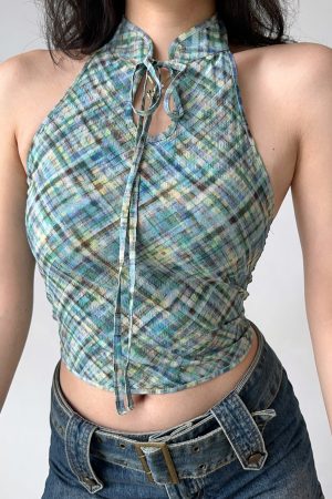 Retro Plaid Halter Neck Vest for Women - Chinese Style Backless Top - Summer Fashion - Chic Stand Collar - Sexy Short Design
