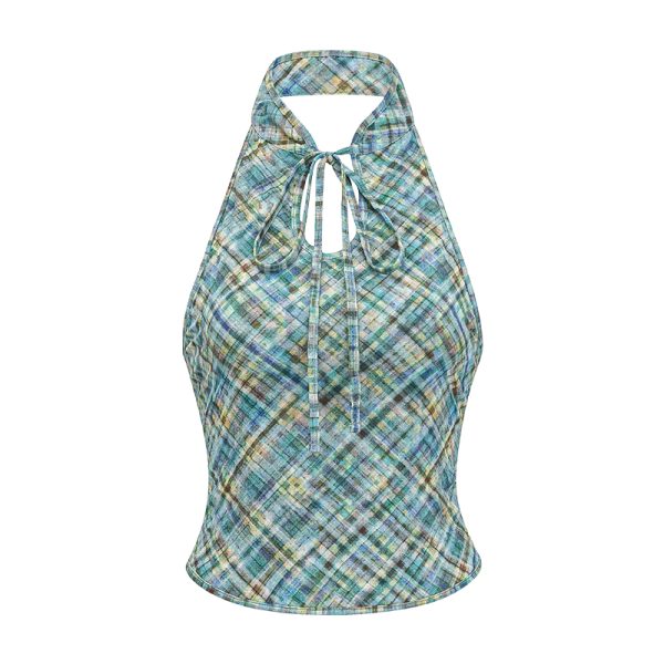 Retro Plaid Halter Neck Vest for Women - Chinese Style Backless Top - Summer Fashion - Chic Stand Collar - Sexy Short Design