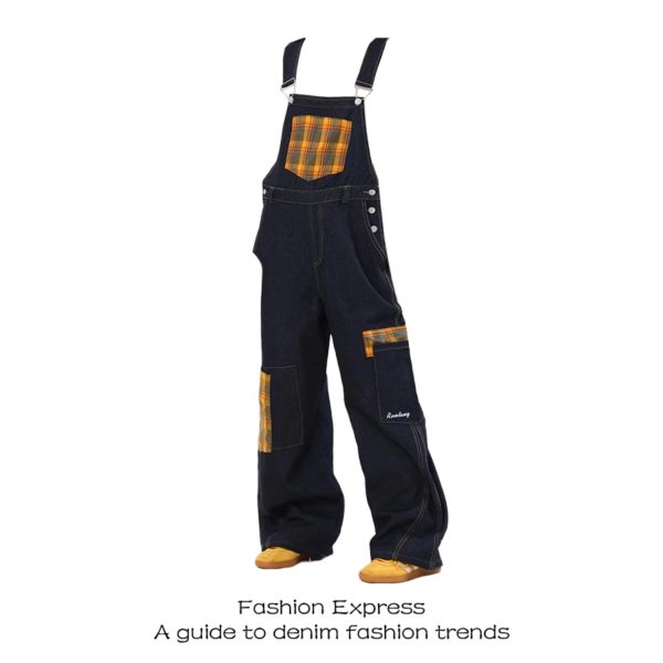 Retro Plaid Suspenders Pants for Women - Patchwork Design, Loose Straight-Leg Jeans for Spring Autumn 2025, Vintage Style