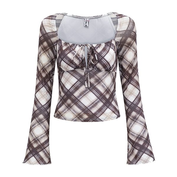 Retro Plaid Tie-Up Square Collar Long Sleeve Shirt for Women - European American Style Slim Fit Top