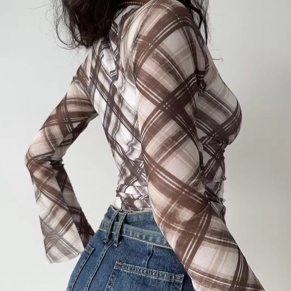Retro Plaid Tie-Up Square Collar Long Sleeve Shirt for Women - European American Style Slim Fit Top