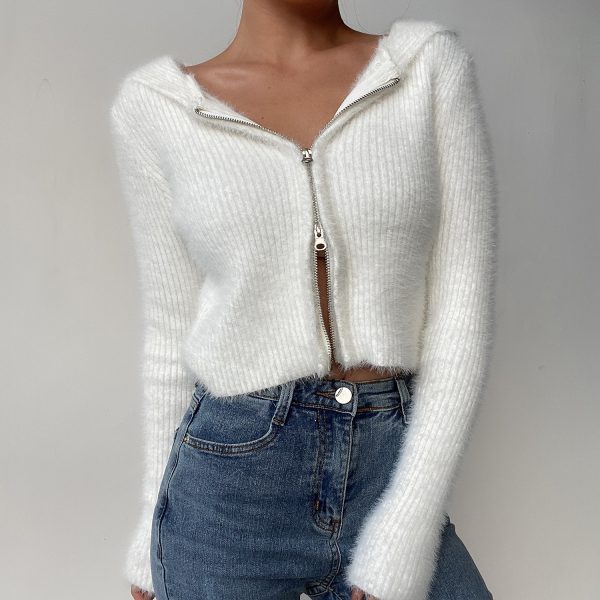 Retro Plush High-Waisted Slim Fit Hooded Knitted Cardigan Top - Cute European American Style