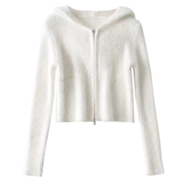 Retro Plush High-Waisted Slim Fit Hooded Knitted Cardigan Top - Cute European American Style