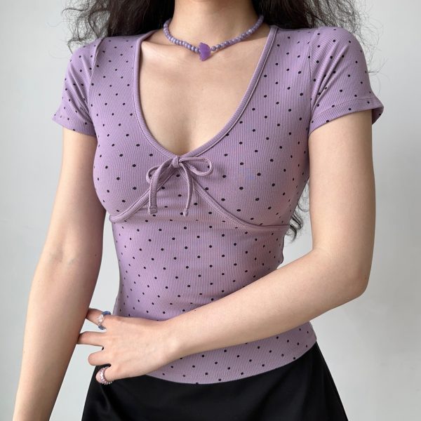 Retro Polka Dot Bow V-Neck T-Shirt for Women - Slim Fit Short Sleeve Summer Top in European American Style