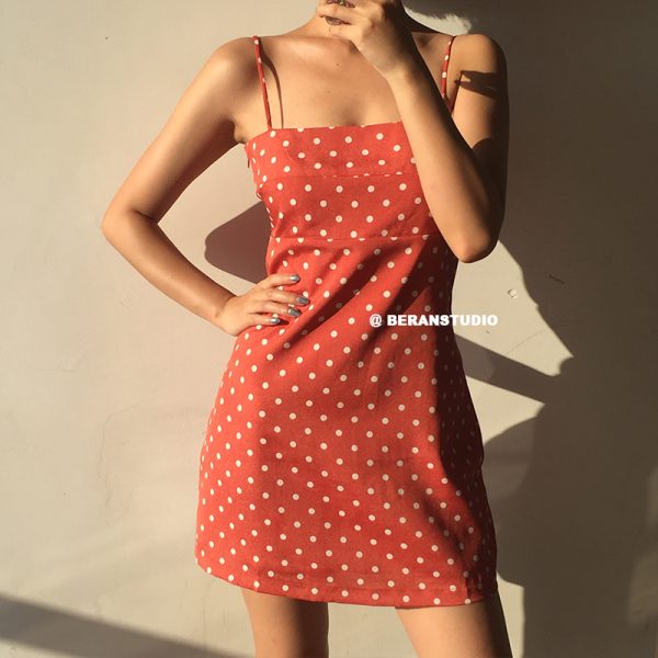 Retro Polka Dot Print Strapless Waist-Cinching Short Camisole Dress - European American Style, Cute Summer Fashion