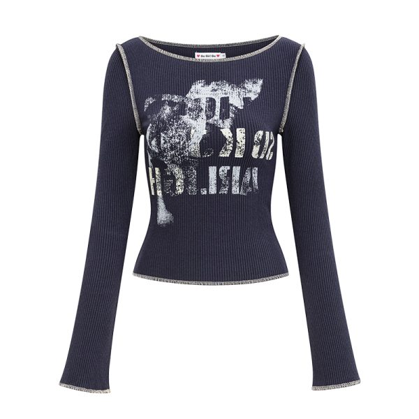 Retro Printed Long Sleeve T-shirt for Women - Slim Fit European & American Style Top, Perfect for Y2K and 90s Fashion