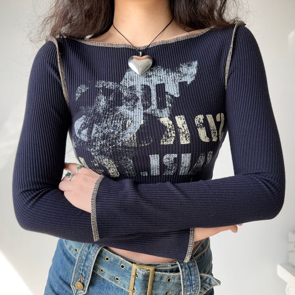 Retro Printed Long Sleeve T-shirt for Women - Slim Fit European & American Style Top, Perfect for Y2K and 90s Fashion
