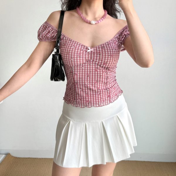 Retro Printed Plaid Puff Sleeve T-Shirt for Women - Slim Fit Short Sleeve Top in European and American Style, Trendy Hot Girl Fashion