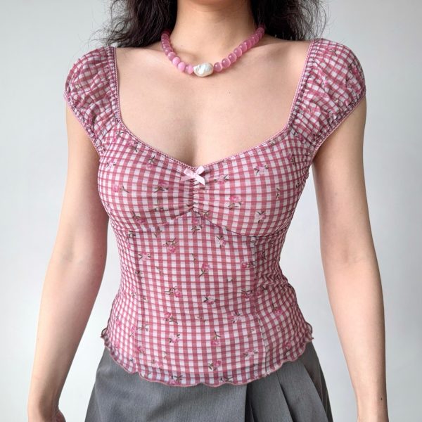 Retro Printed Plaid Puff Sleeve T-Shirt for Women - Slim Fit Short Sleeve Top in European and American Style, Trendy Hot Girl Fashion