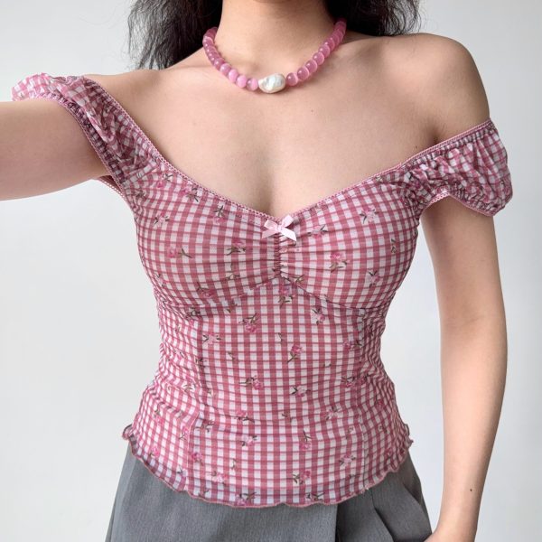 Retro Printed Plaid Puff Sleeve T-Shirt for Women - Slim Fit Short Sleeve Top in European and American Style, Trendy Hot Girl Fashion