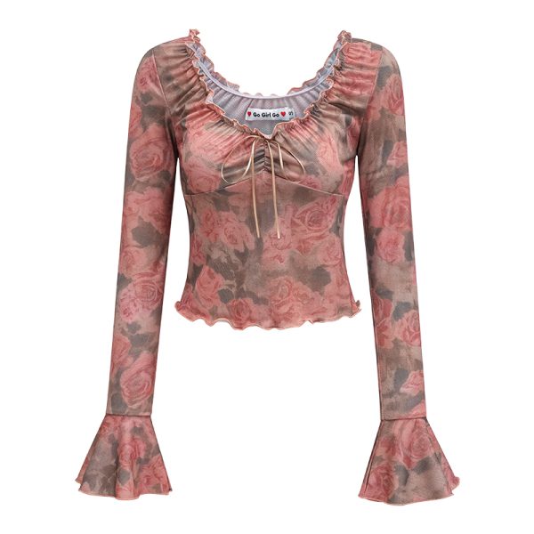 Retro Printed V-Neck Bell Sleeve Top - Women's Slim Fit Short Long Sleeve T-Shirt in European and American Style, 90s Inspired