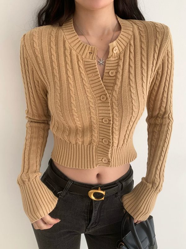 Retro Round Neck Cable Knit Cardigan for Women - Slim Fit, Buttoned Long Sleeve Sweater, Short Length, European American Style