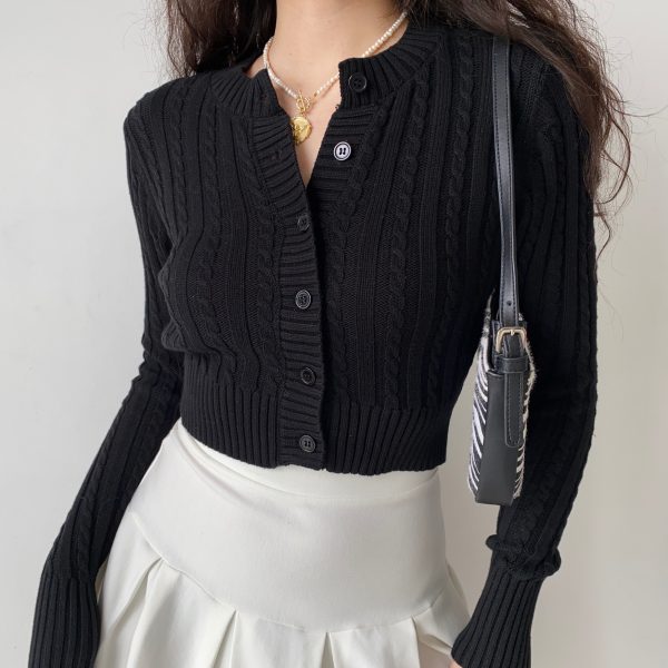 Retro Round Neck Cable Knit Cardigan for Women - Slim Fit Short Style with Ultra-Long Sleeves - European & American Fashion