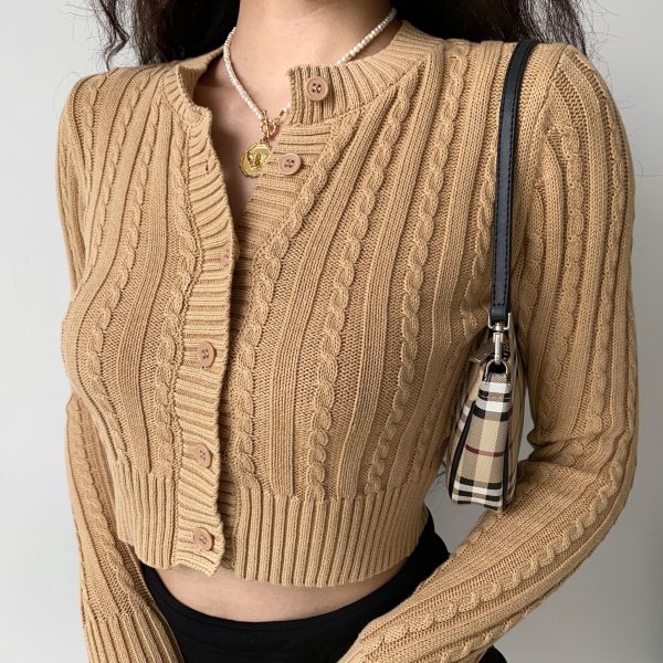 Retro Round Neck Cable Knit Cardigan for Women - Slim Fit Short Style with Ultra-Long Sleeves - European & American Fashion