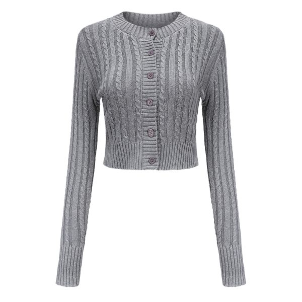 Retro Round Neck Cable Knit Cardigan for Women - Slim Fit Short Style with Ultra-Long Sleeves - European & American Fashion