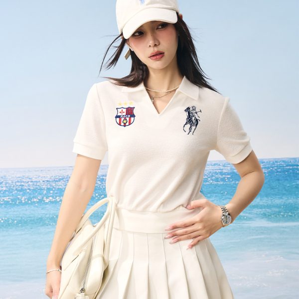 Retro Seagull Collar Embroidered Short Sleeve Polo Shirt in Jersey Towel Fabric - Vintage-Inspired, Casual Style for Everyday Wear