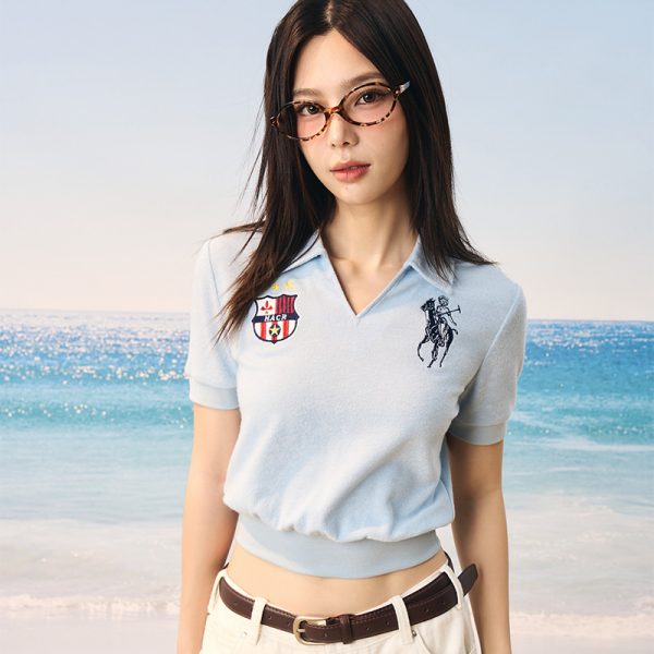 Retro Seagull Collar Embroidered Short Sleeve Polo Shirt in Jersey Towel Fabric - Vintage-Inspired, Casual Style for Everyday Wear