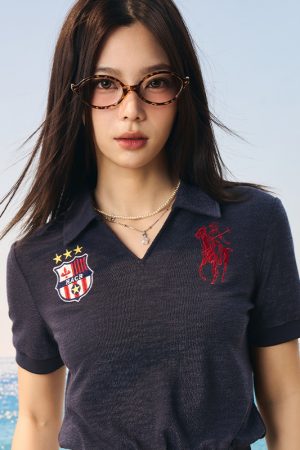 Retro Seagull Collar Embroidered Short Sleeve Polo Shirt in Jersey Towel Fabric - Vintage-Inspired, Casual Style for Everyday Wear