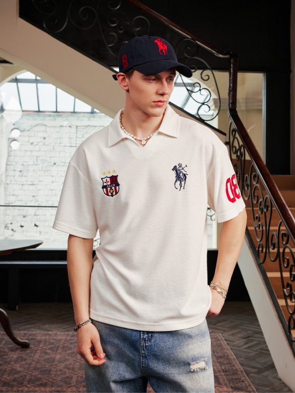 Retro Seagull Collar Embroidered Short Sleeve Polo Shirt in Jersey Towel Fabric - Vintage-Inspired, Casual Style for Everyday Wear