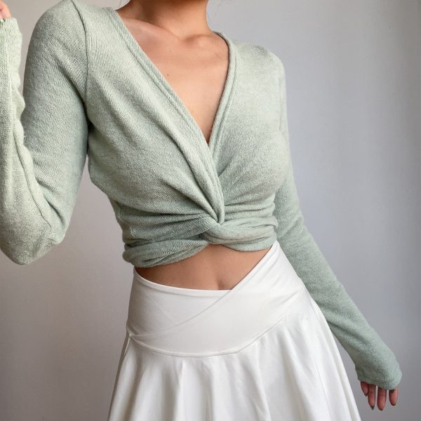 Retro Sexy V-Neck One-Piece Tie High-Waisted Short Slim-Fit Long Sleeve Knit Top for Y2K and 90s Fashion Lovers