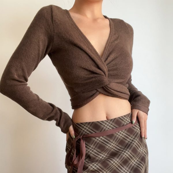 Retro Sexy V-Neck One-Piece Tie High-Waisted Short Slim-Fit Long Sleeve Knit Top for Y2K and 90s Fashion Lovers