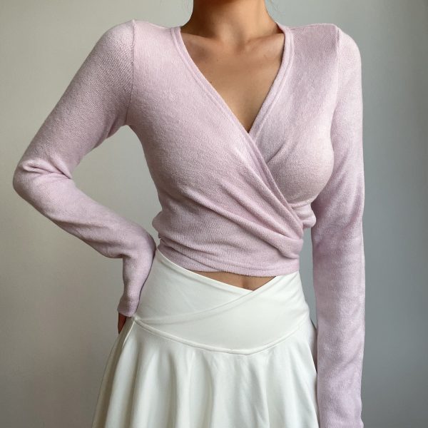 Retro Sexy V-Neck One-Piece Tie High-Waisted Short Slim-Fit Long Sleeve Knit Top for Y2K and 90s Fashion Lovers