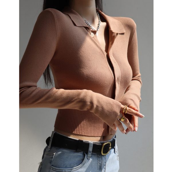 Retro Slim-Fit Long Sleeve Knitted Cardigan Top with Polo Collar and Tie Waist for Women - Y2K Style